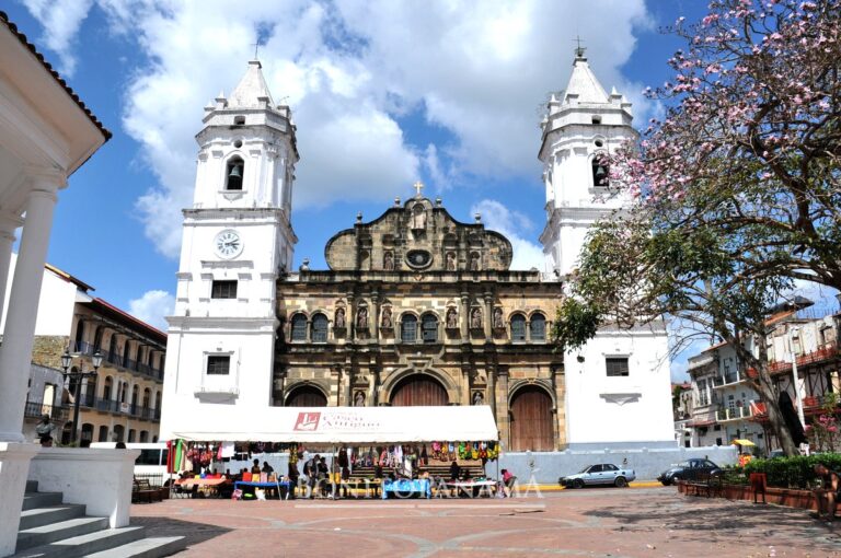 Casco Viejo (Panama) - An einem sonnigen Plaza in Panama steht eine historische Steinkathedrale mit weißen Türmen; davor bunte Marktstände und blühende Bäume.