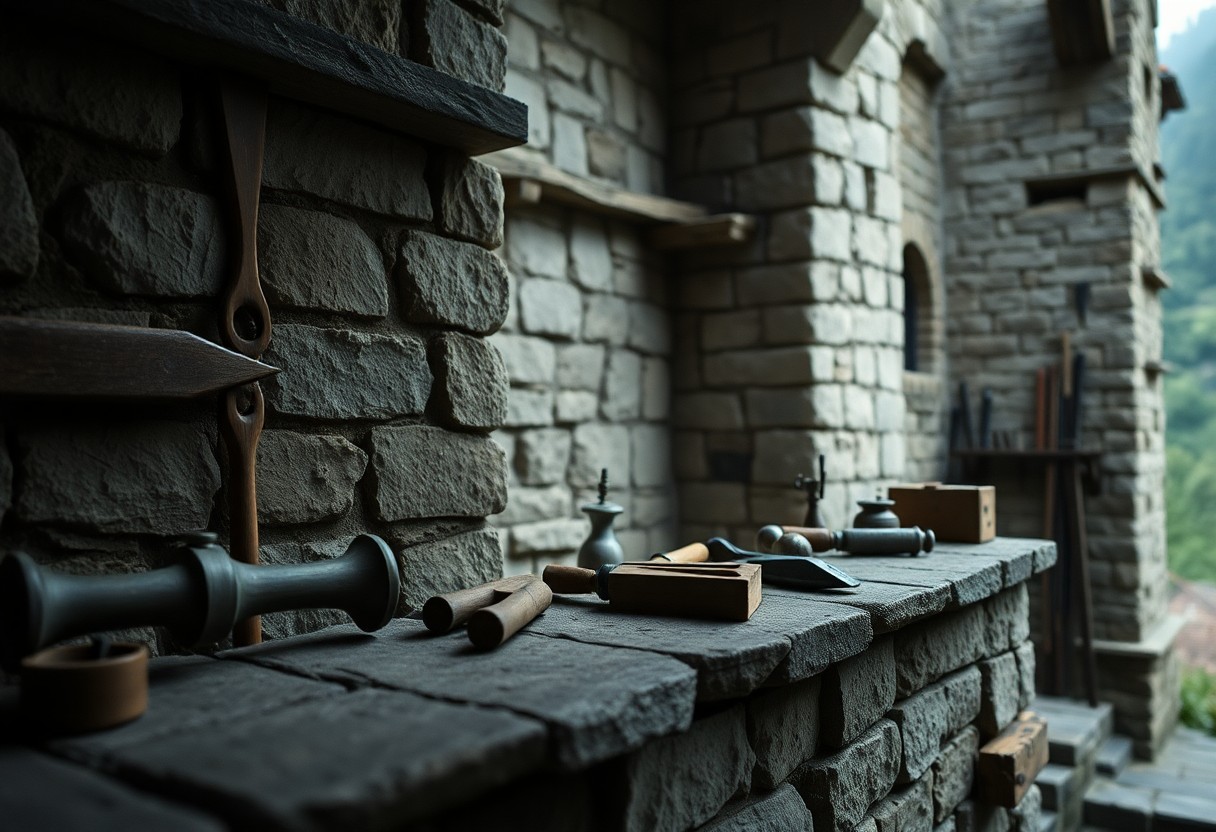 Mittelalterliche Steinmauer mit Regalen, alten Werkzeugen, Schriftrollen und Holzboxen, dahinter grüne Pflanzen draußen.