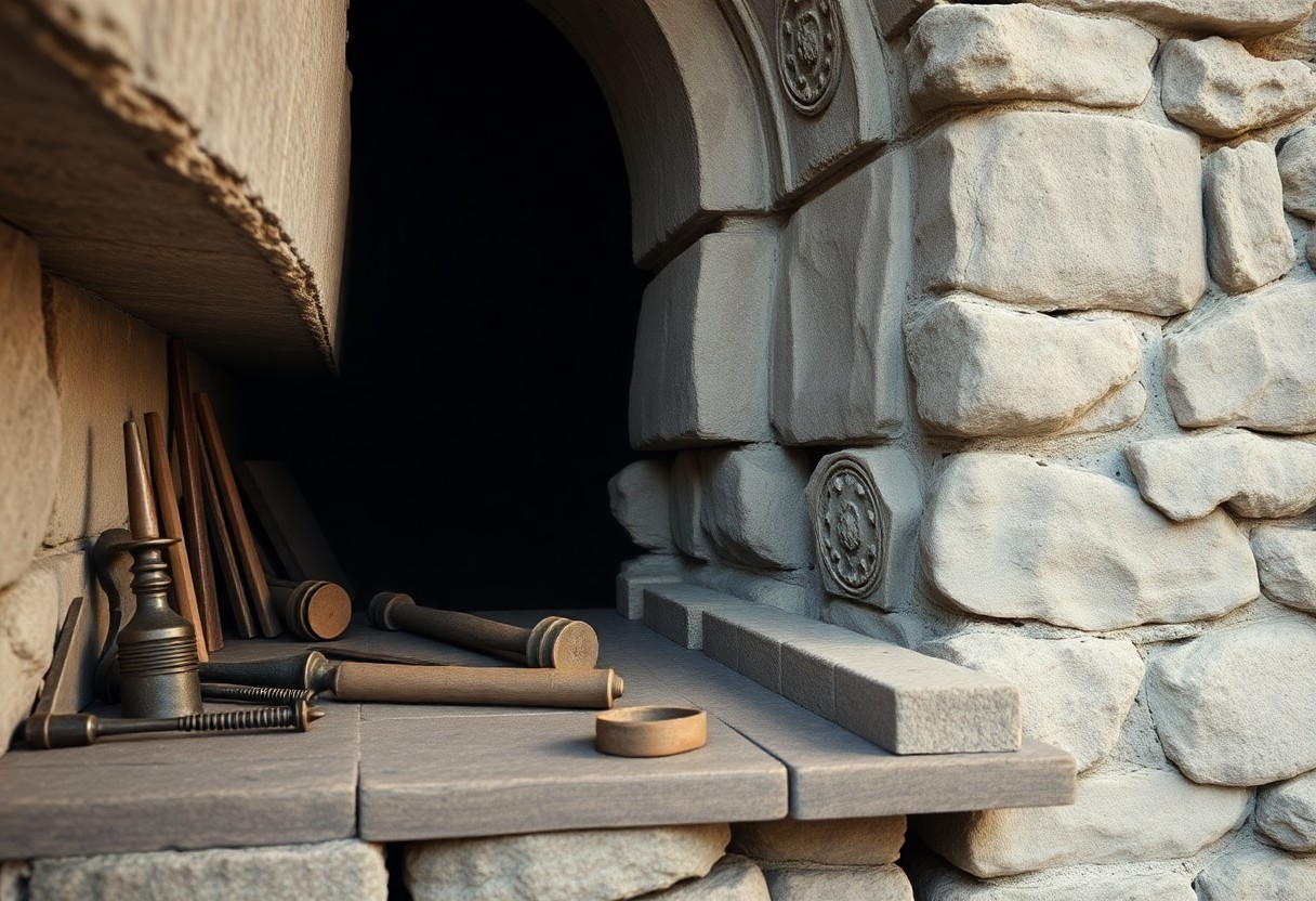 Ein Steinofen aus großen Steinen hat eine dunkle Öffnung; auf der Platte davor liegen hölzerne Backwerkzeuge und ein Metallgefäß.