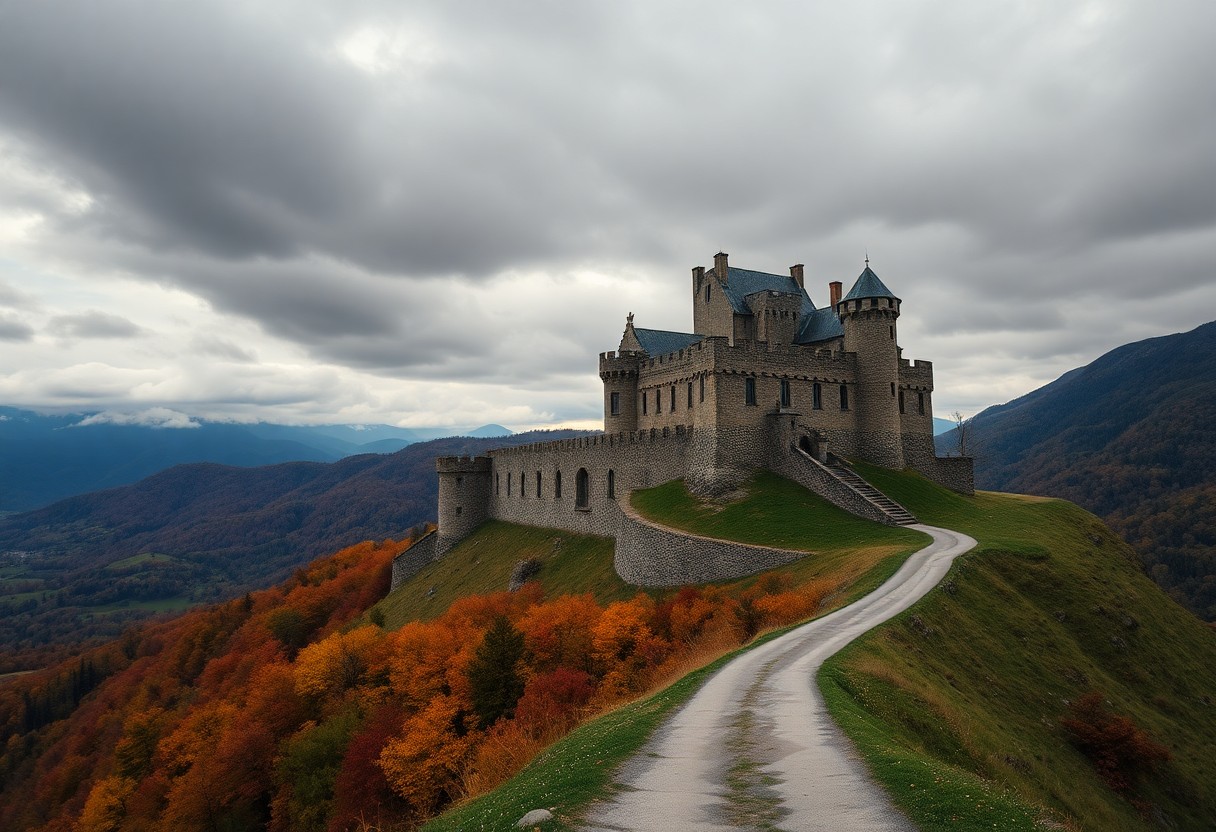 Eine Steinburg steht auf einem Hügel mit herbstlichen Bäumen und blickt ins Tal; eine Straße führt zum Eingang.