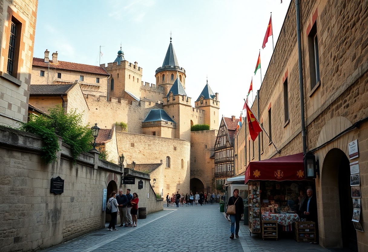 Eine Kopfsteinpflasterstraße mit Steinbauten führt zu einem mittelalterlichen Schloss; Menschen flanieren und kaufen an einem Souvenirstand ein.