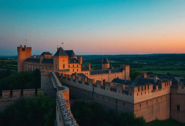 Eine mittelalterliche Burg mit Türmen steht auf einem Hügel, umgeben von grünen Feldern und Bäumen bei Sonnenuntergang.