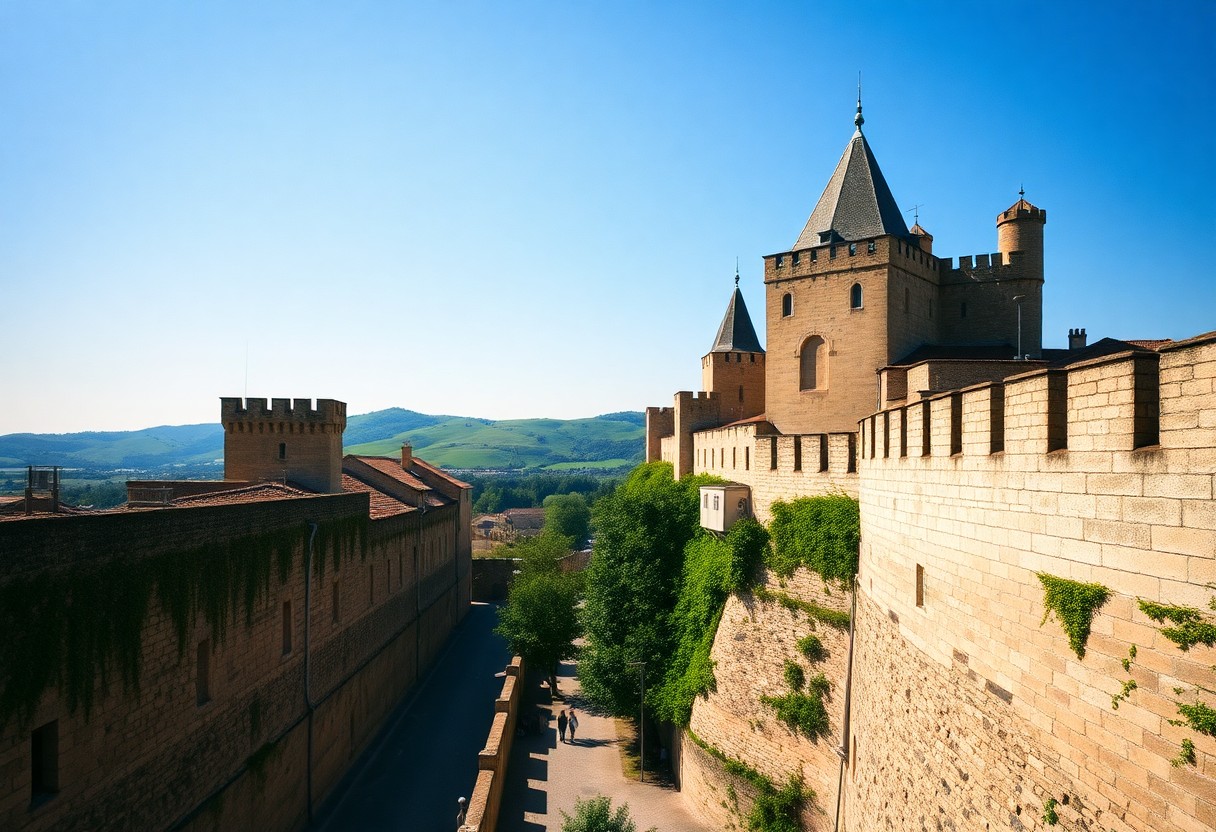 Ein großes Steinschloss mit Türmen steht auf einem Hügel, umgeben von Bäumen und Efeu vor grünen Hügeln und blauem Himmel.