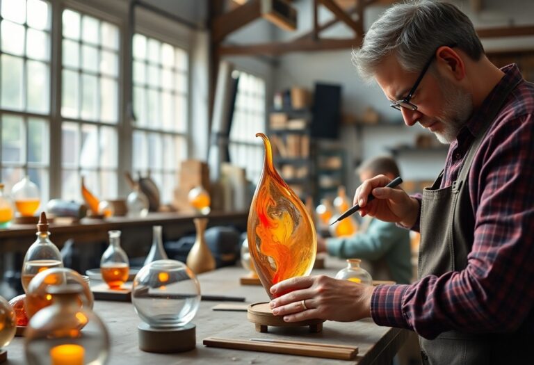 Man arbeitet mit Brille und Schürze konzentriert an einer Flammenskulptur in heller Werkstatt mit Glasobjekten und Holztischen.