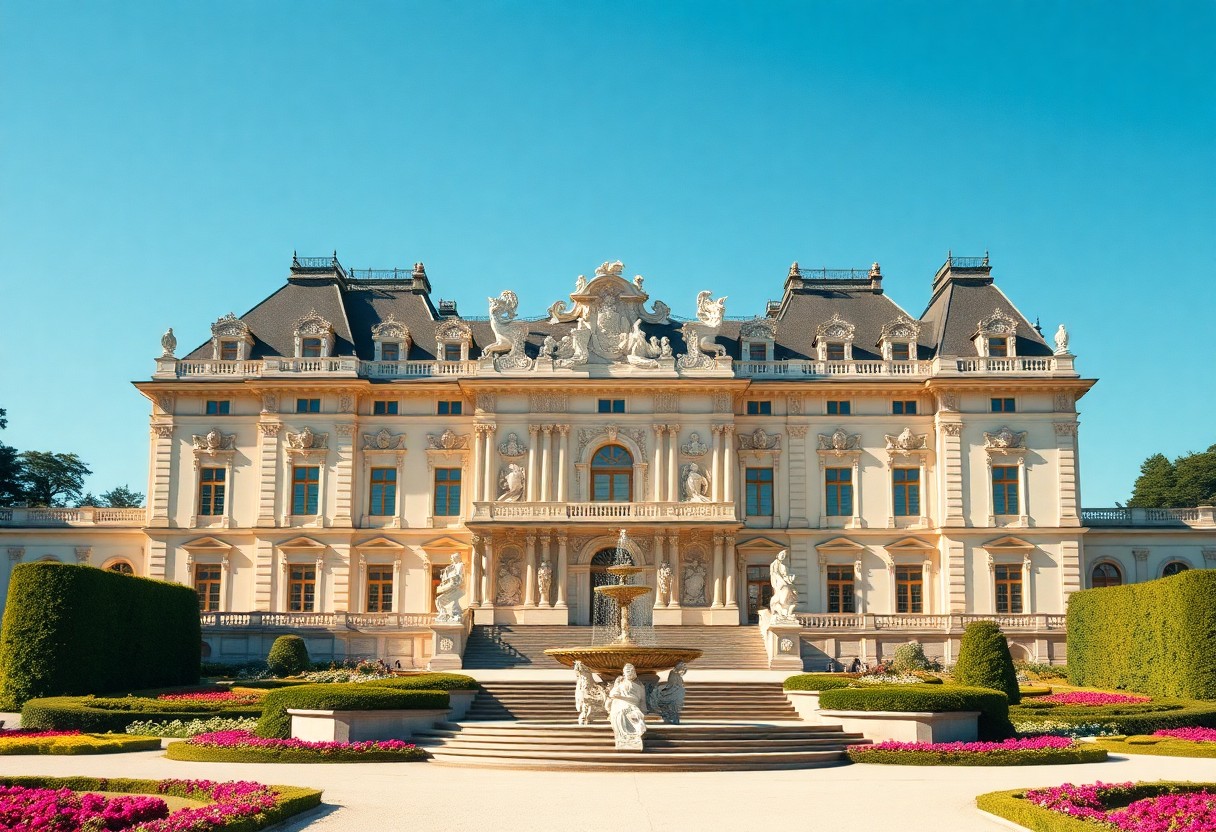 Barockpalast mit Statuen, zentralem Brunnen, gepflegtem Garten und blauem Himmel im Hintergrund.