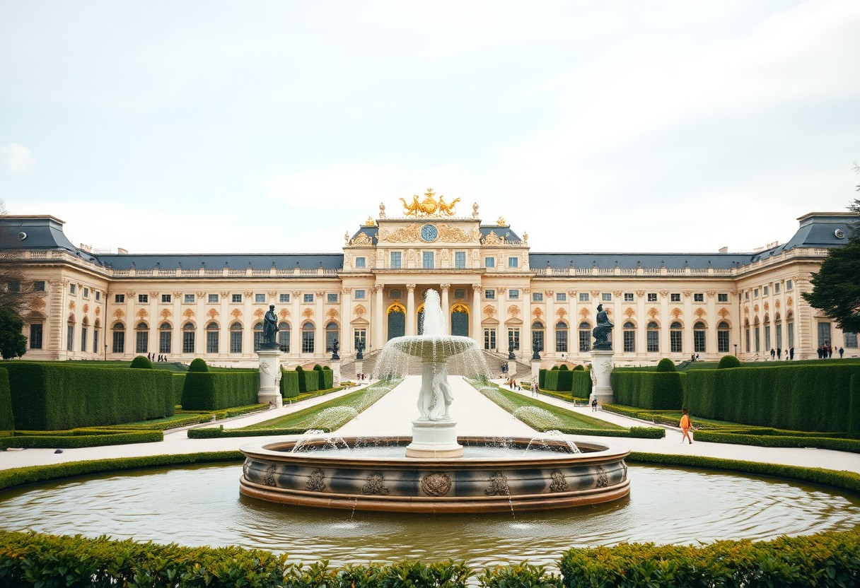 Prächtiger Palast mit goldener Dachskulptur, großen Fenstern und Garten mit Brunnen, Statue und gepflegten Hecken.