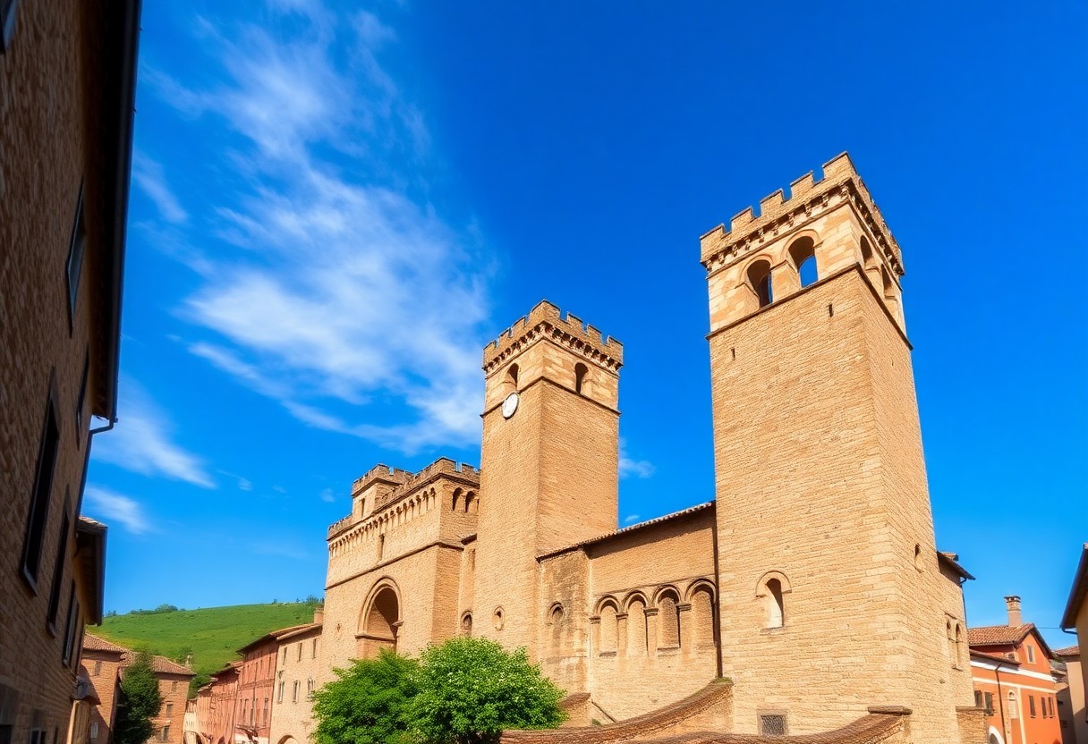 Zwei mittelalterliche Steintürme mit Zinnen ragen vor blauem Himmel, umgeben von Gebäuden, Grünflächen und sanften Hügeln.