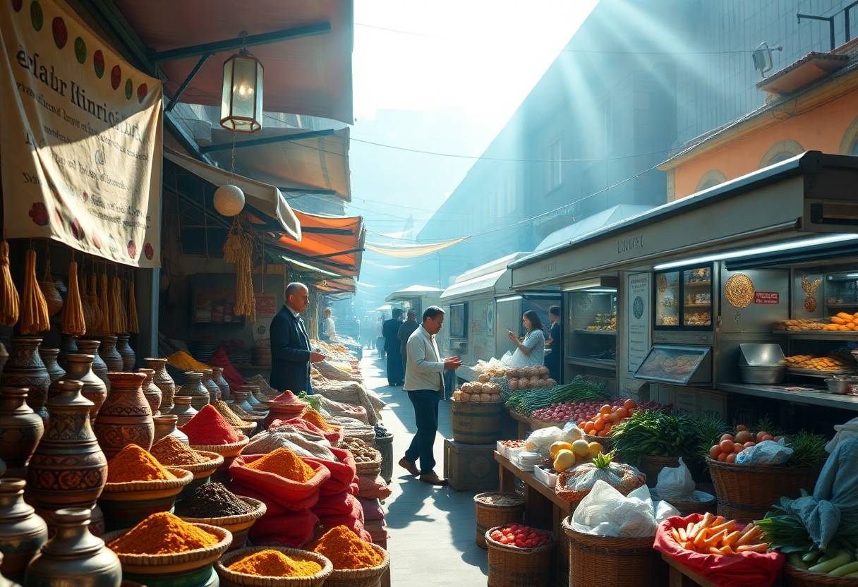Marktszene im Freien: Menschen kaufen bei Sonnenlicht an Ständen mit bunten Gewürzen, Obst und Gemüse ein.