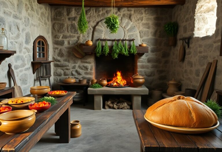 Rustikale Steinküche mit Feuerstelle, Holztischen, Tongefäßen mit Speisen, einem großen Laib Brot und Kräutern, die in Regalen hängen.