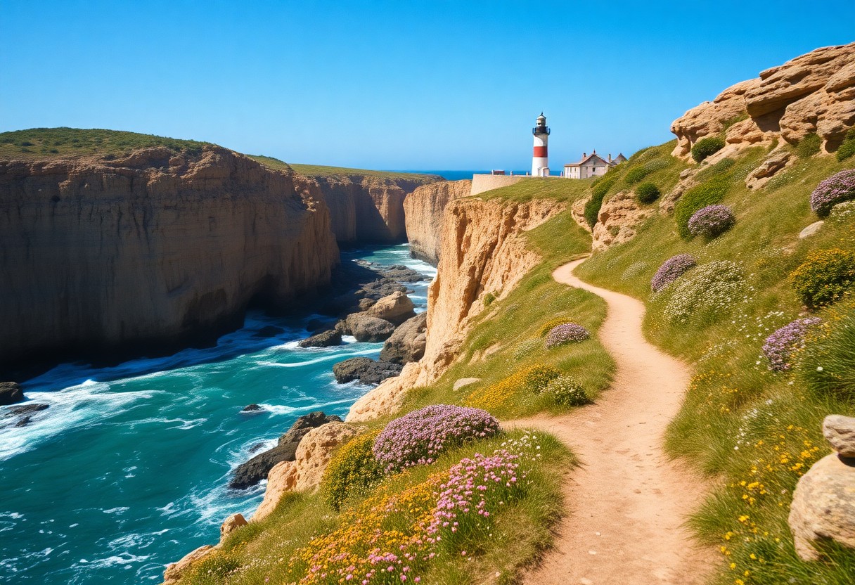 Ein unbefestigter Weg mit Wildblumen führt entlang der Klippen am Meer zu einem rot gestreiften Leuchtturm. Unten schlagen die Wellen an die Felsen, oben ist der Himmel blau.