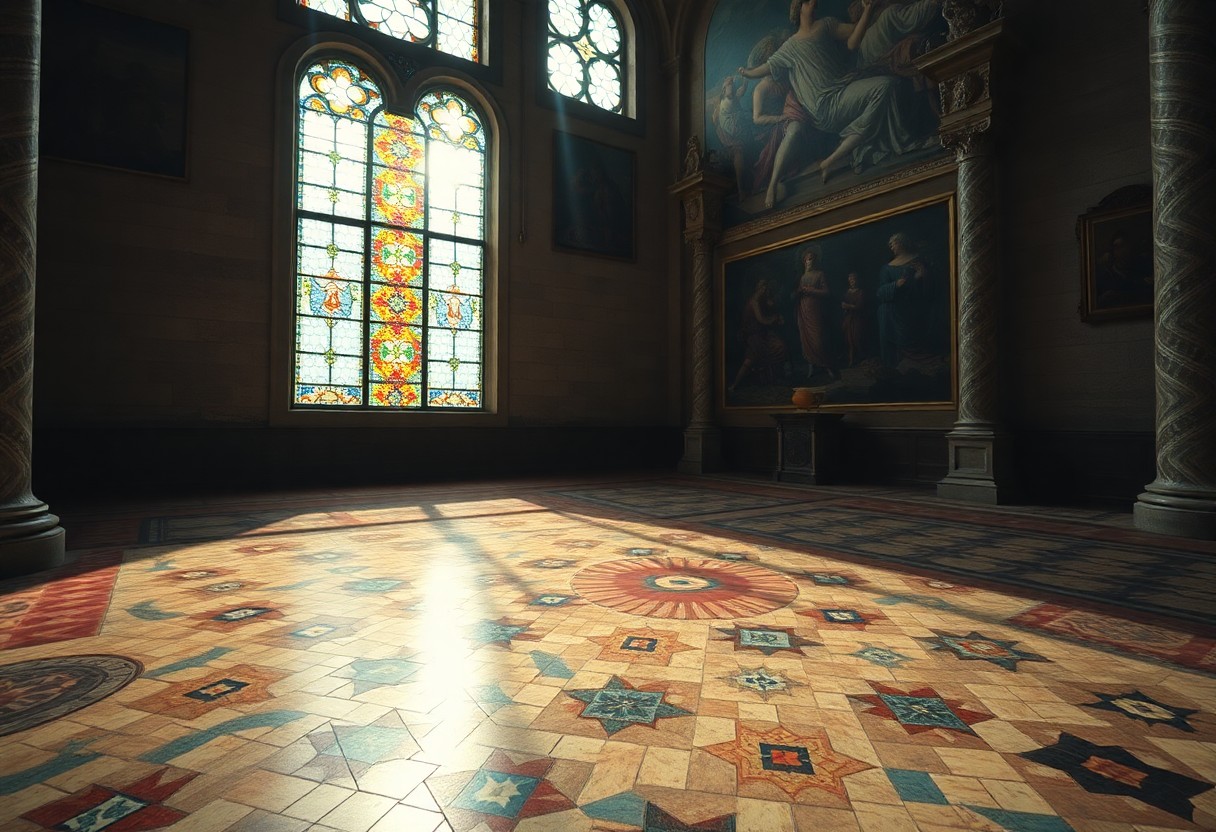 Sonnenlicht fällt durch ein großes Buntglasfenster auf Fliesenboden in einen Saal mit Säulen und Wandgemälden.