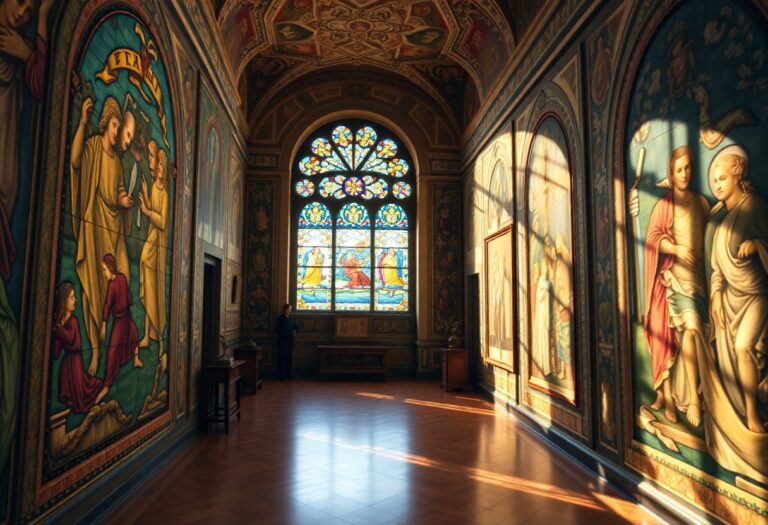 Verschnörkelte Galerie mit großem Glasfenster, Sonnenlicht und bunten Wandmalereien mit biblischen Figuren an den Wänden.