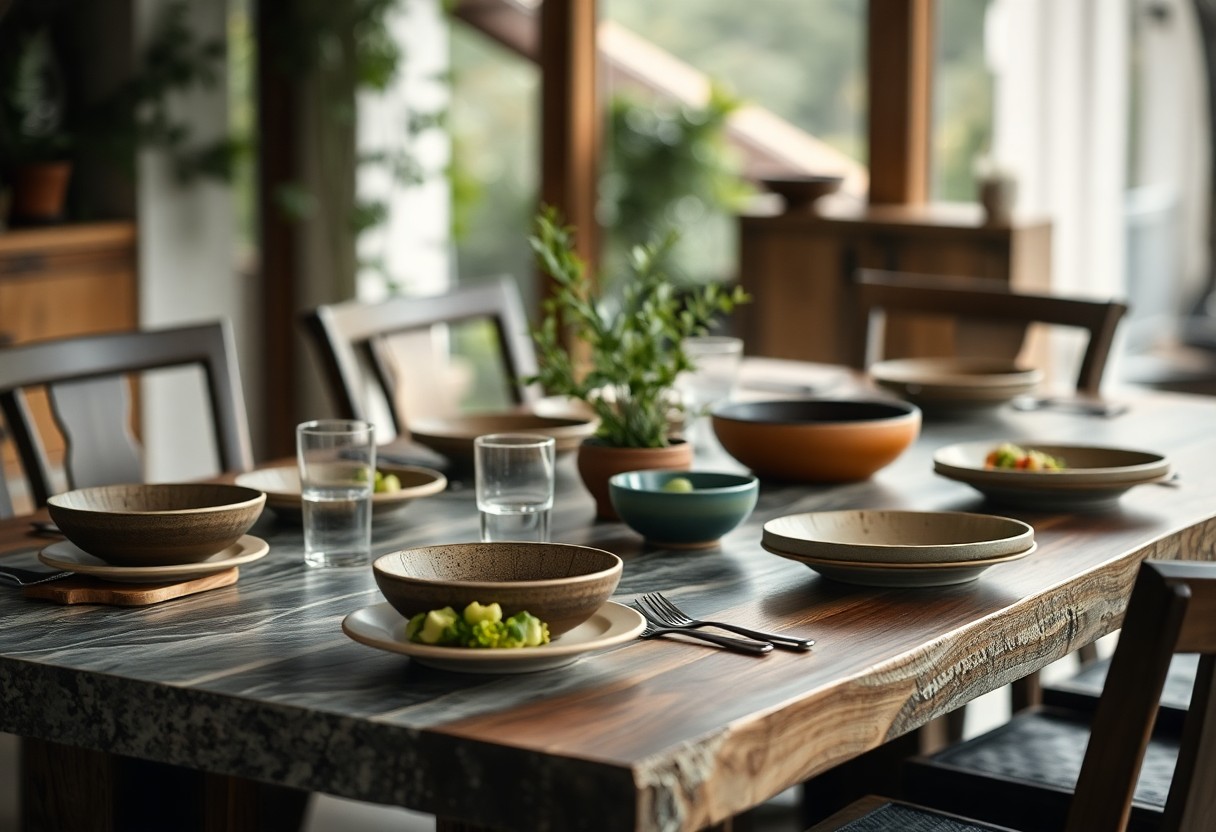 Gedeckter Holztisch mit Schalen, Tellern, Gläsern und Besteck, kleinen Pflanzen und Sonnenlicht durch große Fenster.