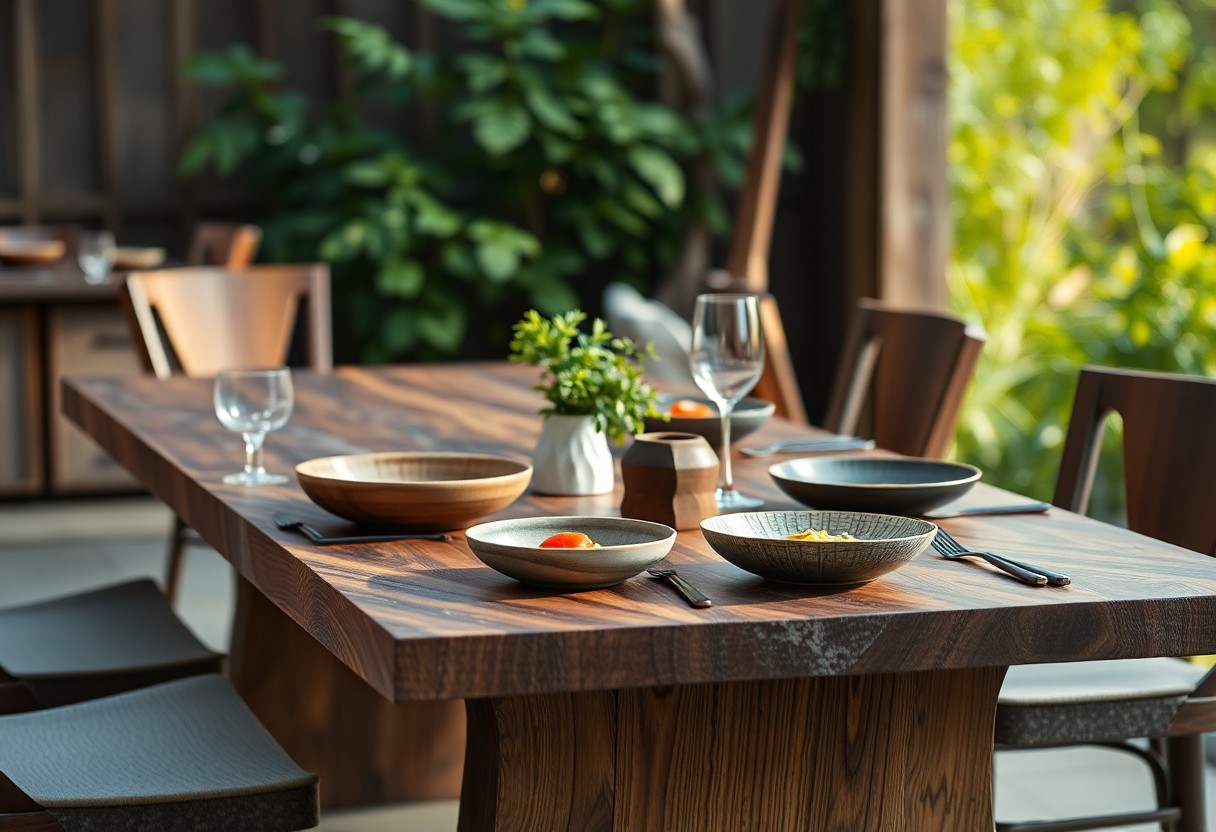 Gedeckter Holztisch im Freien mit Geschirr, Gläsern, Besteck, Pflanze als Deko; umgeben von Stühlen und Grün.