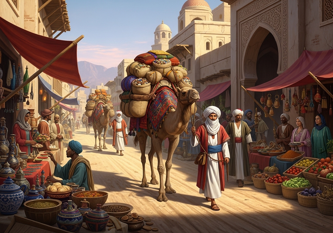 Nahöstlicher Markt mit Kamelen, Händlern, die Waren verkaufen, bunten Ständen, Menschen in traditioneller Kleidung und historischen Gebäuden.