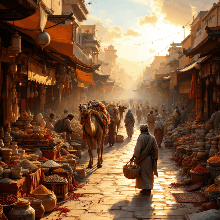 Ein belebter Markt im Morgenlicht mit Menschen in traditioneller Kleidung, Kamelen und bunten Ständen voller Gewürze und Töpferwaren.