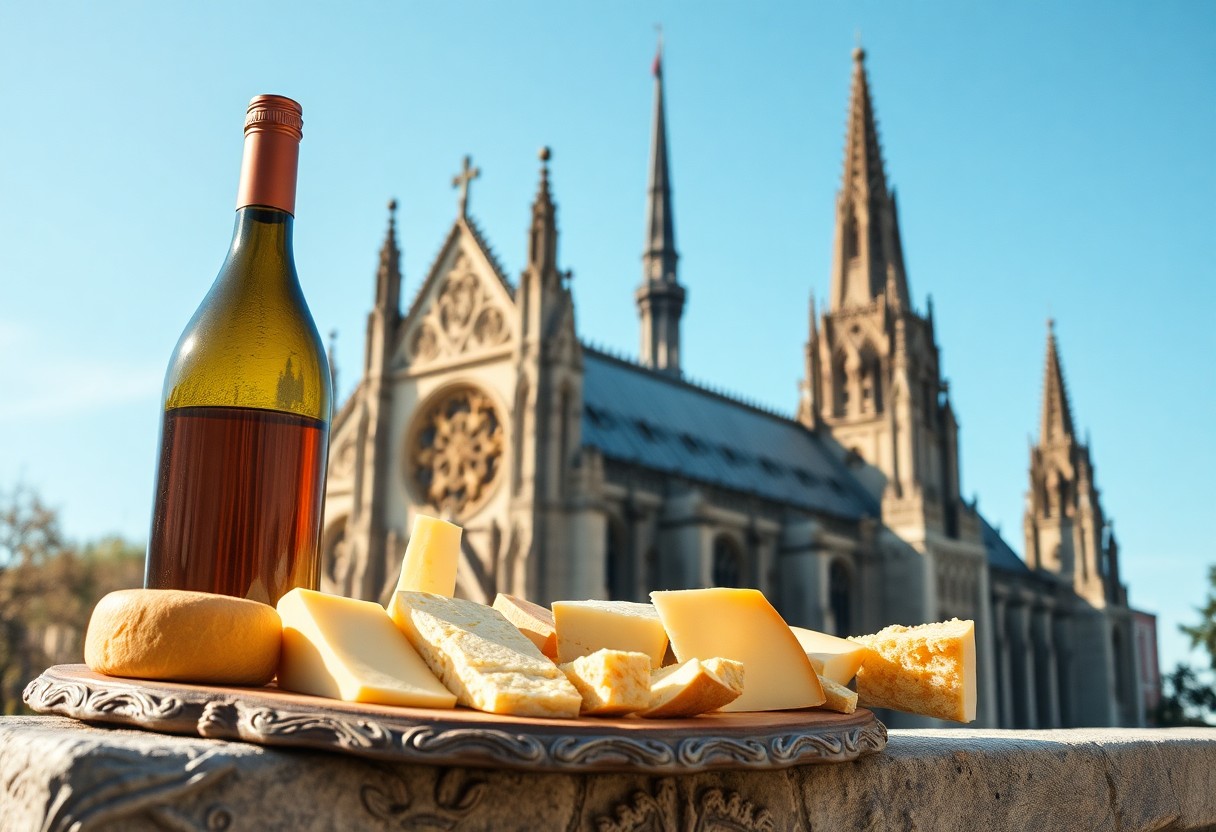 Platte mit Käse und Brot neben Wein auf Stein, gotische Kathedrale im Hintergrund unter blauem Himmel.