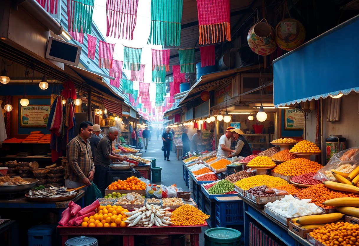 Marktszene mit buntem Obst und Süßwaren auf Ständen, Verkäufern, Kunden und Stoffbannern in einer belebten, hellen Gasse.