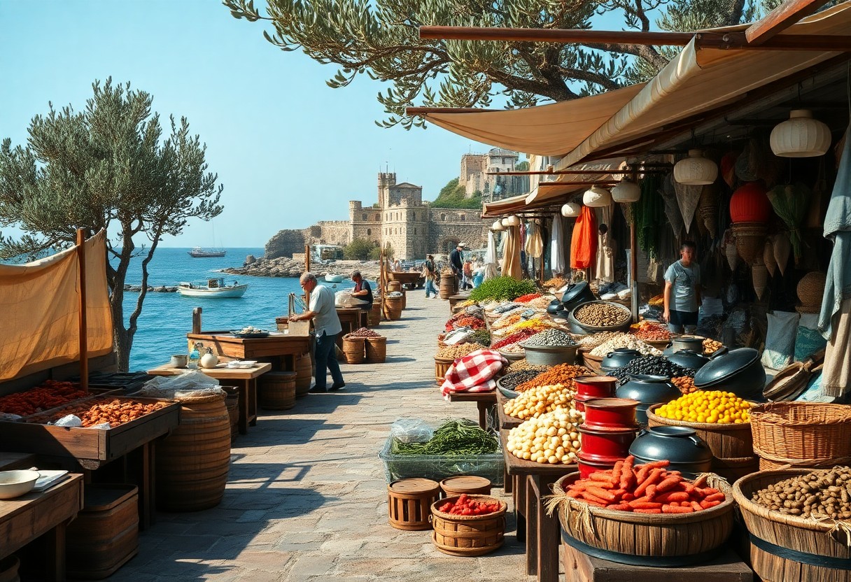Markt im Freien am Meer mit farbenfrohen Produkten an Ständen, Einkäufern, Vordächern, einer Steinburg und blauem Wasser im Hintergrund.