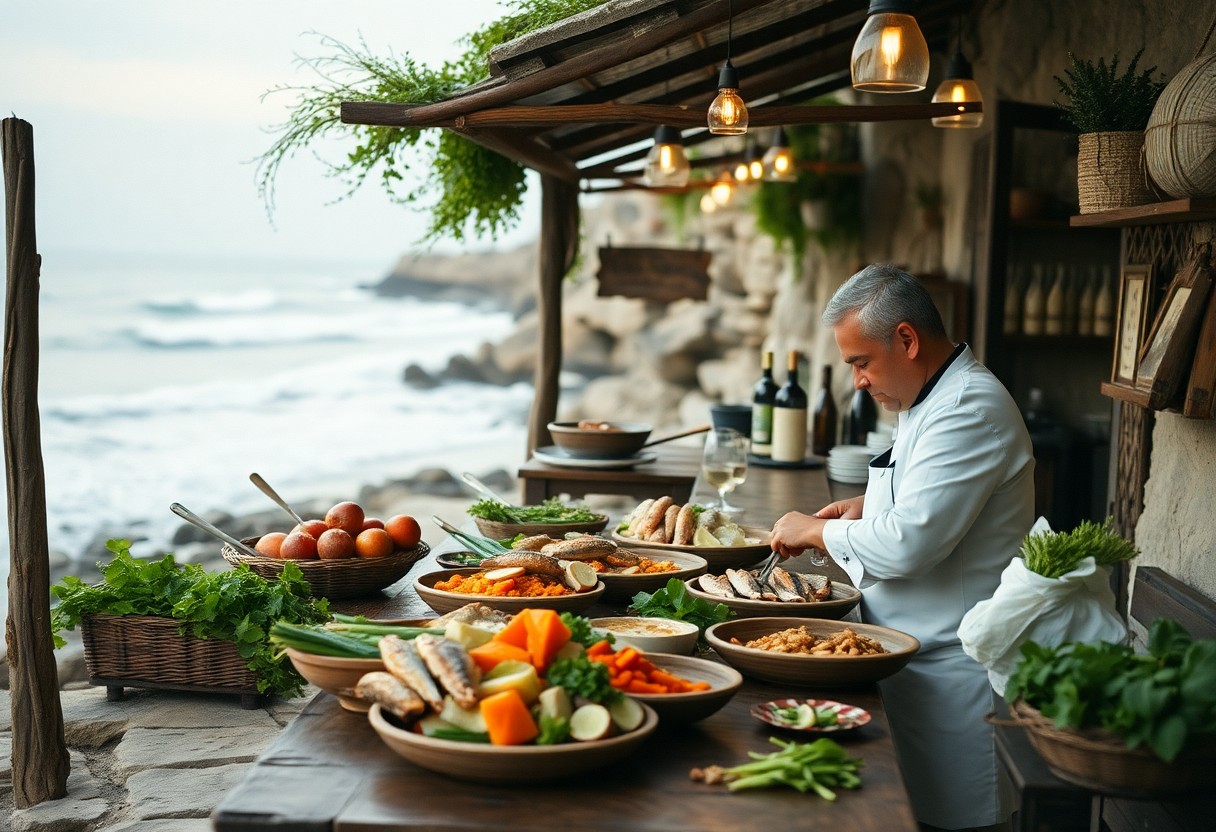 Chef kocht am Meeresufer, frisches Gemüse und Obst auf Holztisch, im Hintergrund Ozean und Felsküste.