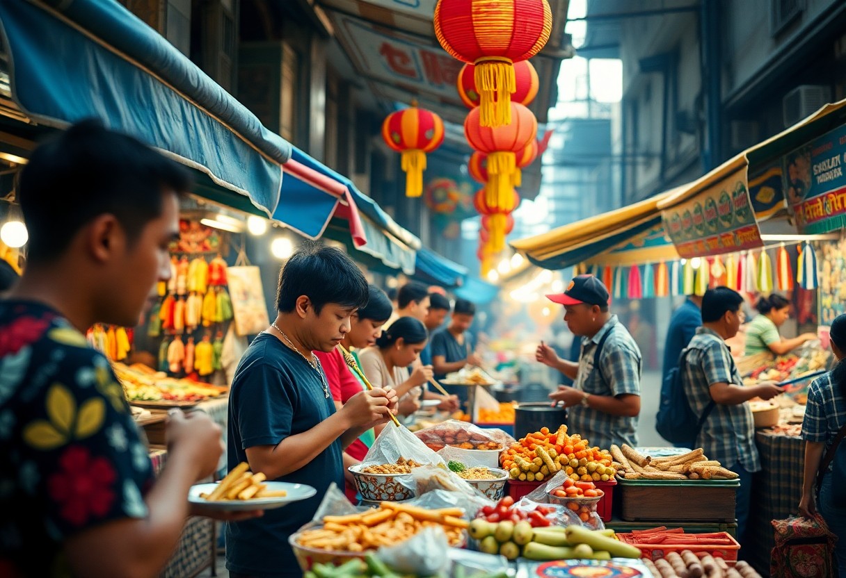 Ein überdachter Markt mit Menschen, die Straßenessen probieren, bunten Laternen und Ständen mit frischen Produkten und Snacks.