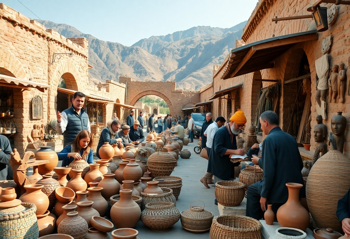 Markt im Freien zwischen Steingebäuden und Bergen; die Menschen stöbern und verkaufen Töpferwaren, Körbe und Kunsthandwerk im hellen Sonnenlicht.
