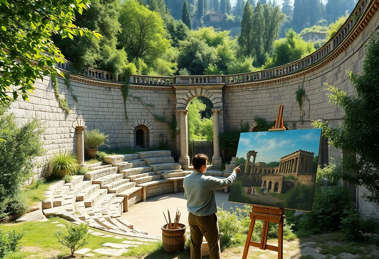 Ein Mann malt die Szene eines antiken Amphitheaters aus Stein, umgeben von Bäumen und Sonnenlicht, das durch das Grün fällt.