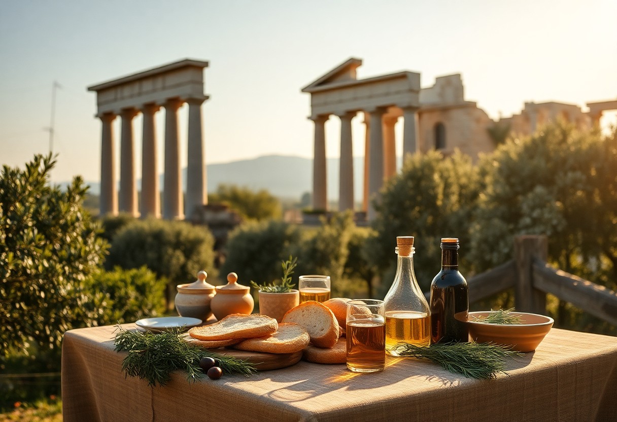 Tisch mit Brot, Olivenöl, Kräutern und Flaschen unter freiem Himmel vor griechischen Ruinen und Grünpflanzen im goldenen Sonnenlicht.