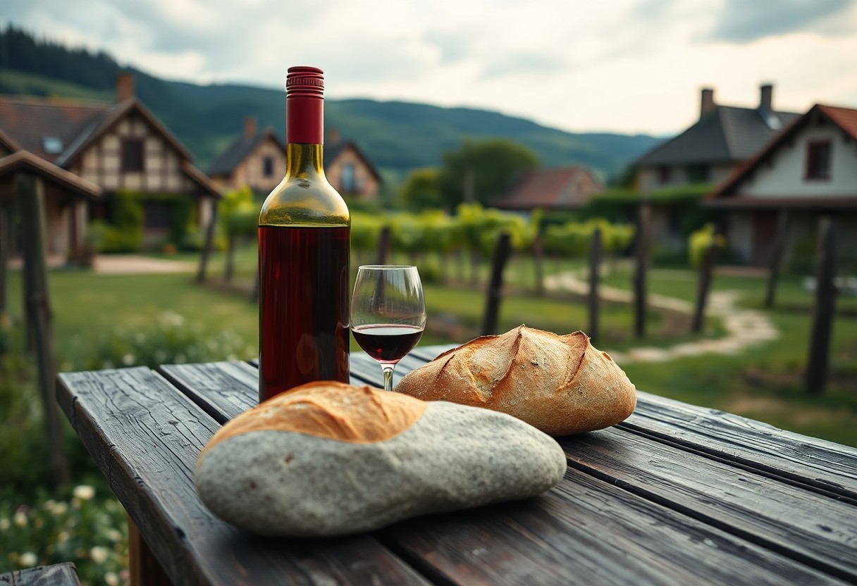 Rotweinflasche, Glas und zwei rustikale Brotlaibe auf einem Holztisch im Freien mit Weinbergen und Häusern im Hintergrund.