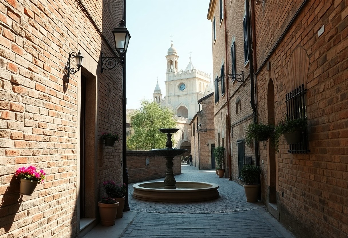 Enge Kopfsteinpflastergasse mit Blumen und Lampen führt zu einem runden Brunnen; Kirche mit Türmen und Kuppel im Hintergrund.