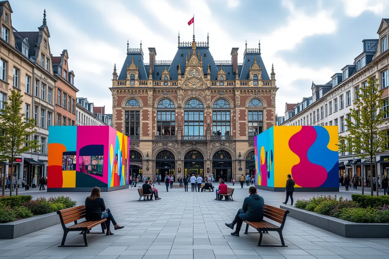 Menschen sitzen auf Bänken in einer Plaza mit bunter Kunst, umgeben von Bäumen und einem historischen Gebäude mit Uhr und Flagge.