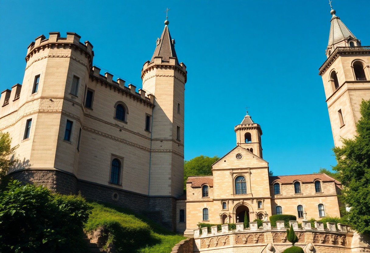 Helles Steinschloss mit Türmen und spitzen Dächern vor blauem Himmel, von Bäumen umgeben. Steintreppe zum Eingang.
