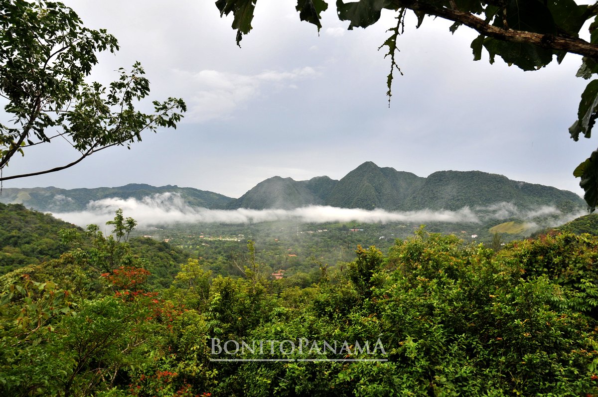 Grüne Berge und dichter Wald in einem panamaischen Tal, Nebel an den Gipfeln. Unten steht: BONITO PANAMA.