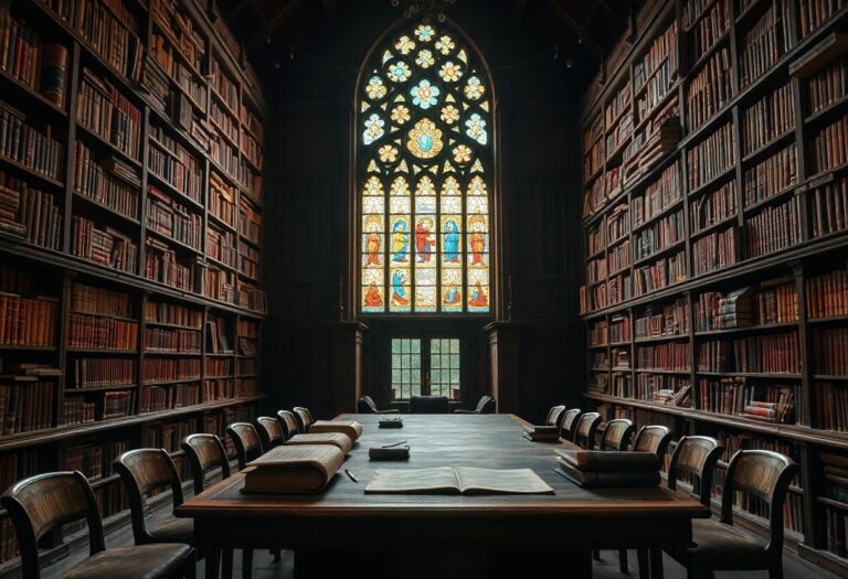 Große Bibliothek mit hohen Bücherregalen, Holztisch mit offenen Büchern, buntem Glasfenster und leeren Stühlen.
