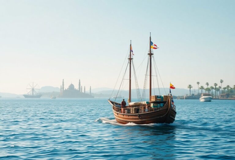 Ein hölzernes Segelboot mit Flaggen segelt auf blauem Wasser in Richtung eines Ufers mit einer Moschee, Palmen und anderen Booten unter klarem Himmel.