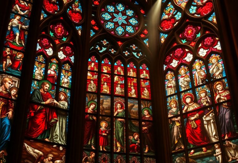 Die Glasfenster in einer Kathedrale zeigen Heilige und Engel. Das Sonnenlicht hebt ihre farbenfrohen, komplizierten Motive hervor.