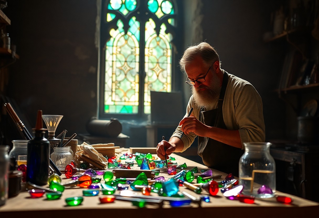 Ein älterer, bärtiger Mann arbeitet an einem überladenen Tisch an einer Glasmalerei; im Hintergrund der Werkstatt sind bunte Scherben und ein verziertes Fenster zu sehen.
