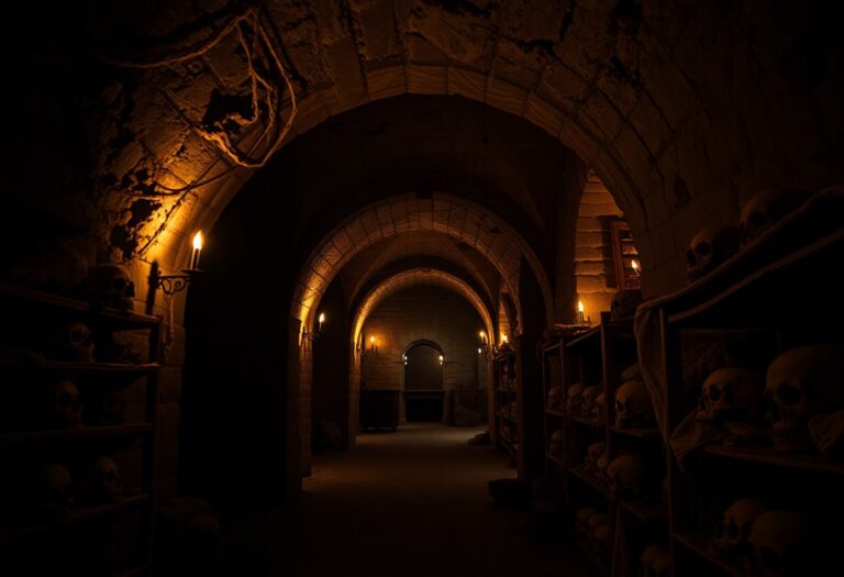 Dunkler Steinkorridor mit Gewölbedecke, Regalen voller Menschenschädel und flackernden Wandkerzen wirft gespenstische Schatten.