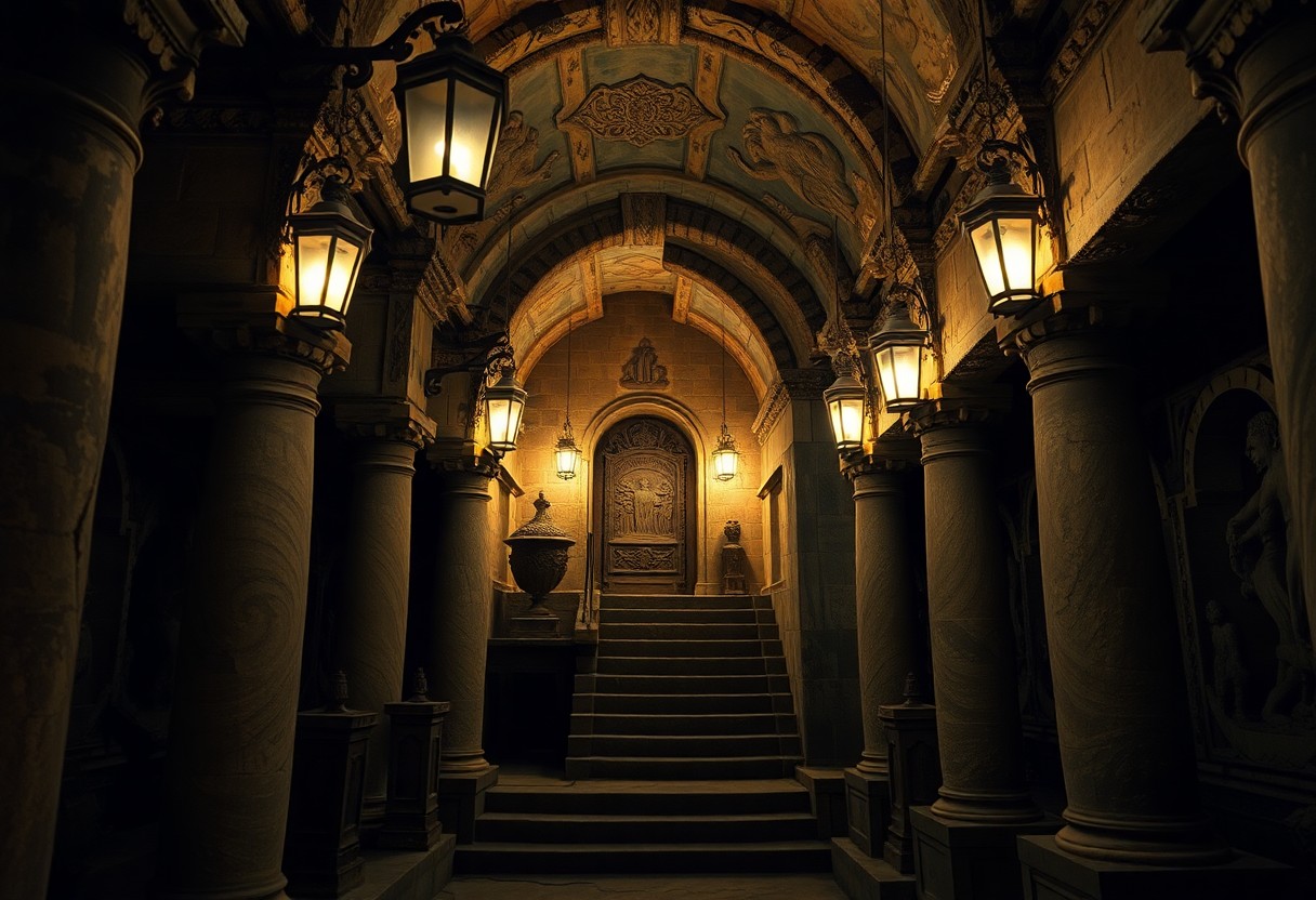 Dunkle Steintreppe mit Säulen und Bögen führt zu verzierter Holztür, umgeben von Laternen und klassischem Deckenornament.
