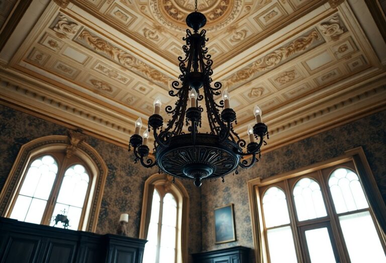 Schwarzer Kronleuchter hängt an Kassettendecke in elegantem Raum mit gemusterter Tapete, hohen Fenstern und gerahmter Kunst.