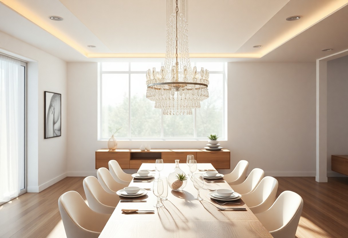 Modernes Esszimmer mit langem Holztisch, weißen Stühlen, Glaswaren, Pflanzen, Kronleuchter und Sonnenlicht durch hohe Fenster.