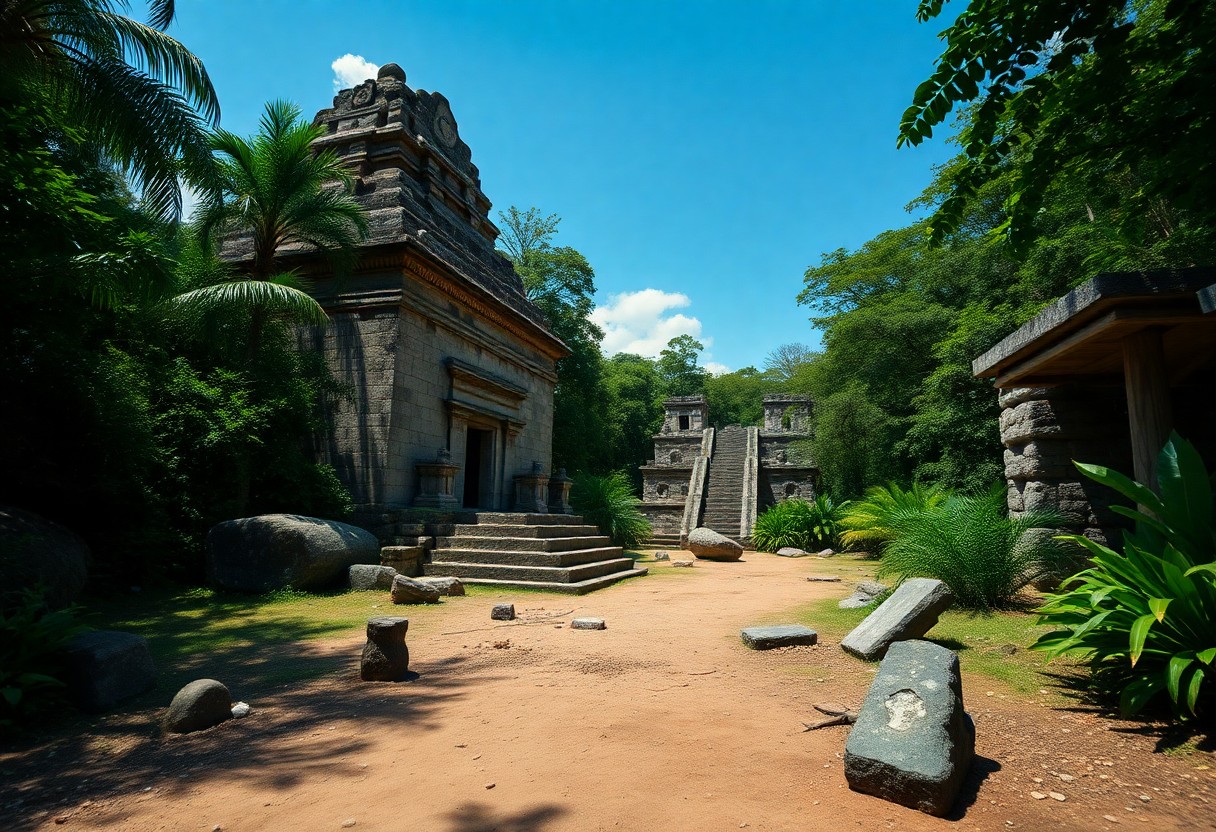 Alte Steintempel inmitten grüner Bäume, Treppen, die nach oben führen, Sonnenlicht auf Ruinen und Sandwege unter blauem Himmel.