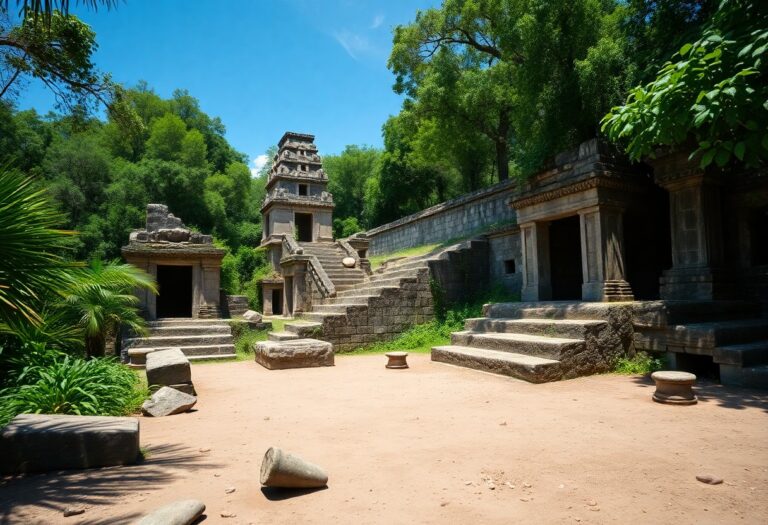 Alte Steintempelruinen, umgeben von grünen Bäumen unter blauem Himmel, mit verstreuten Steinen und Stufen zu den Eingängen.