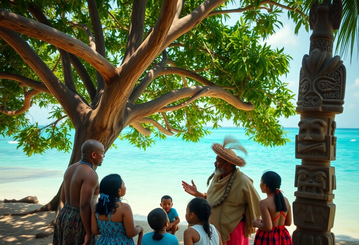 Kinder und Erwachsene hören am Meer einem Erzähler in traditioneller Kleidung unter einem Baum bei einer Holzskulptur zu.