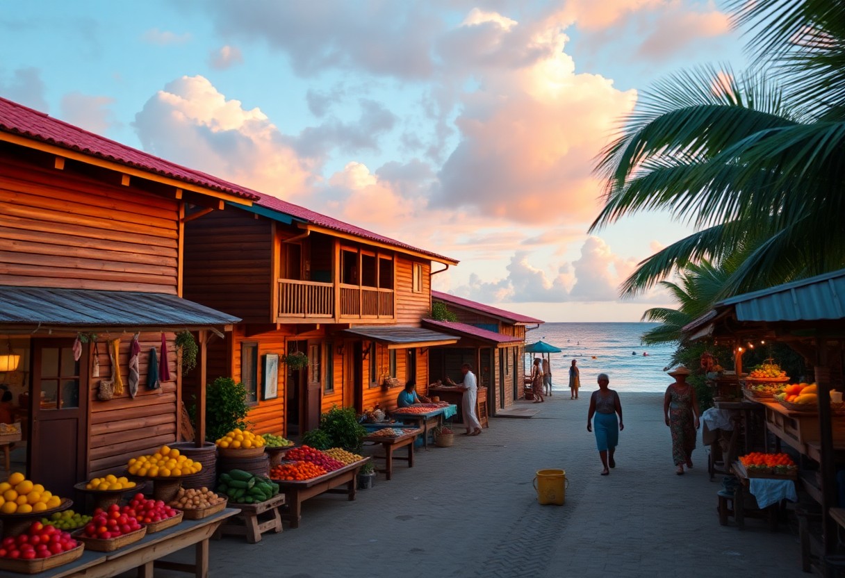 Markt am Meer bei Sonnenuntergang mit hölzernen Ständen, bunten Produkten, flanierenden Menschen, Palmen und Wolken am Meer.