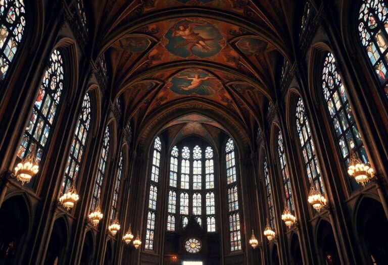 Gotischer Kathedraleninnenraum mit hohen Glasfenstern, kunstvollen Bögen, Kronleuchtern und bemalten Decken. Das warme Licht hebt die Details hervor.