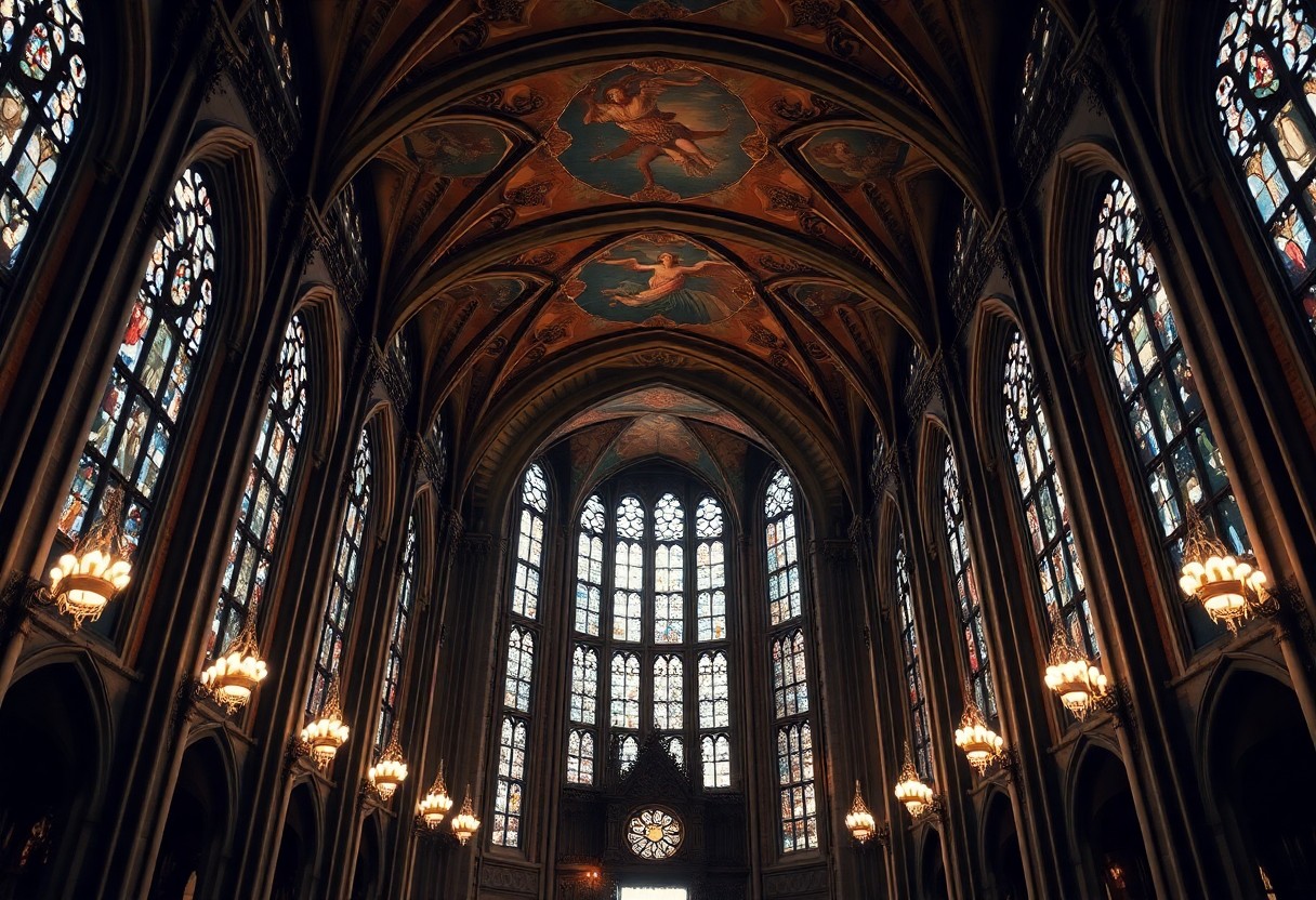 Gotischer Kathedraleninnenraum mit hohen Glasfenstern, kunstvollen Bögen, Kronleuchtern und bemalten Decken. Das warme Licht hebt die Details hervor.
