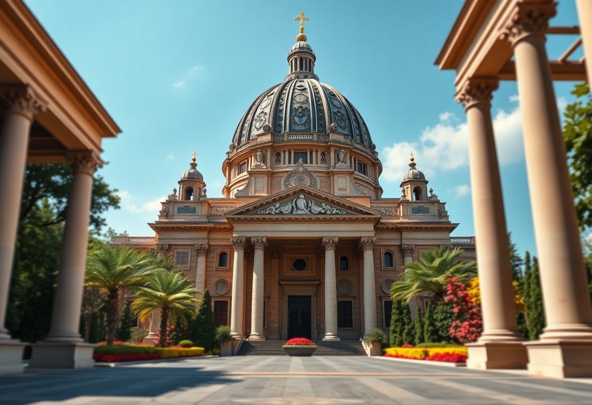 Großer Kuppelbau mit Säulen und Kreuz, umgeben von Palmen, Blumenbeeten und blauem Himmel.