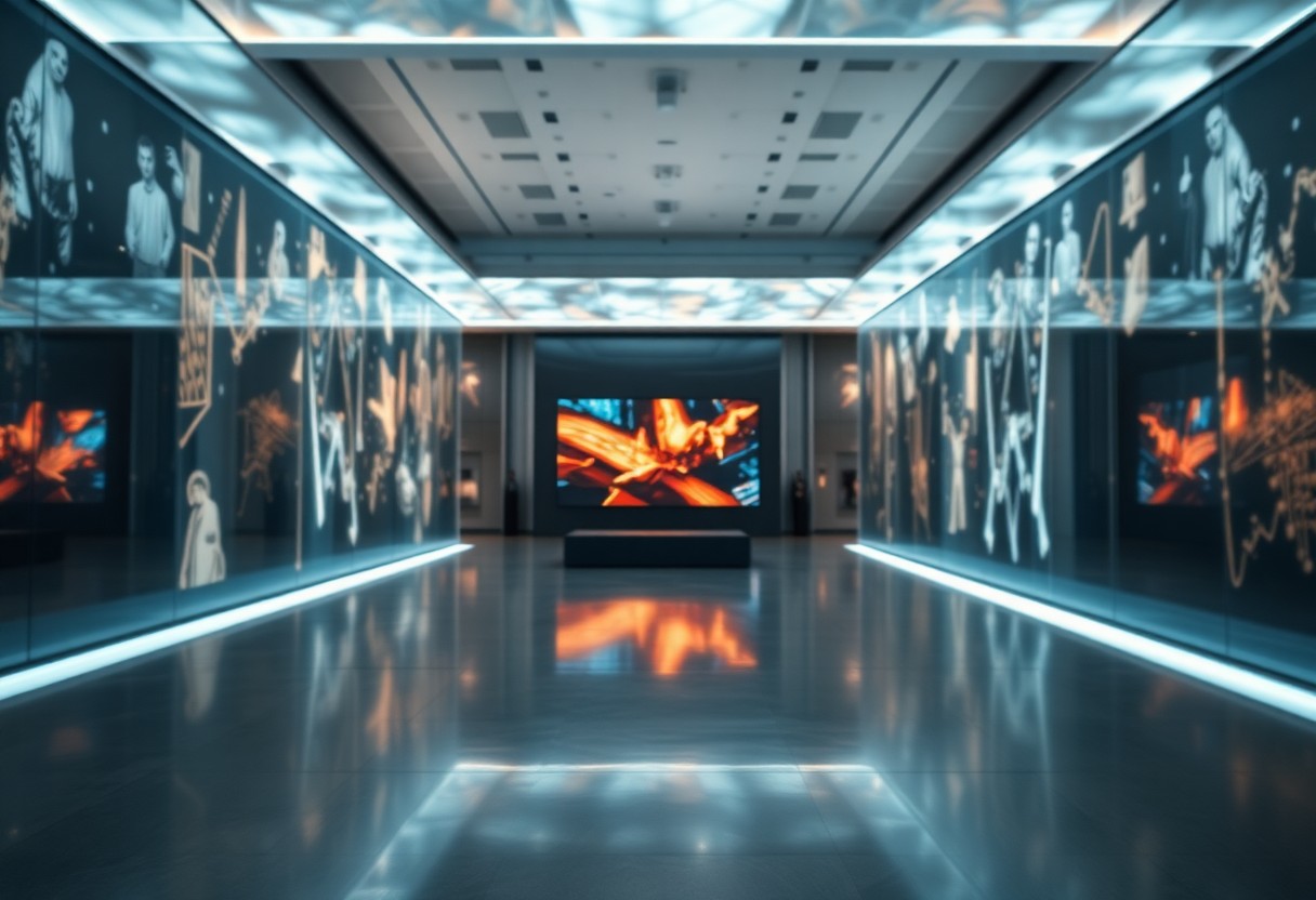 Moderne Kunstgalerie mit Glaswänden, die abstrakte Bilder zeigen und zu einem digitalen Bildschirm führen, auf dem lebendige Kunstwerke zu sehen sind.