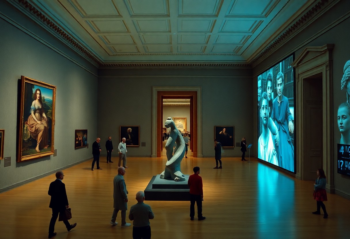 Museumsgalerie: Besucher, klassische Gemälde, zentrale Skulptur, digitaler Bildschirm mit Porträts, Holzböden, verzierte hohe Decken.